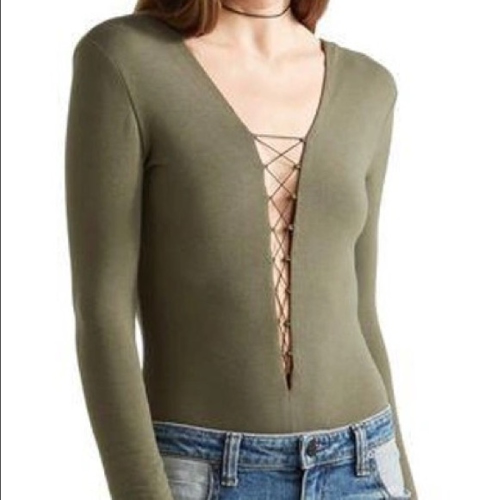 T by Alexander Wang Lace-up Stretch-modal Jersey Bodysuit Army Green - L
